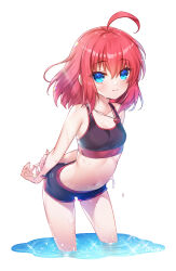  1girl ahoge bare_shoulders black_shorts black_sports_bra blue_eyes blush breasts closed_mouth collarbone commission leaning_forward looking_at_viewer midriff munlu_(wolupus) navel original red_hair red_trim short_shorts shorts skeb_commission small_breasts solo sports_bra wading water wet 