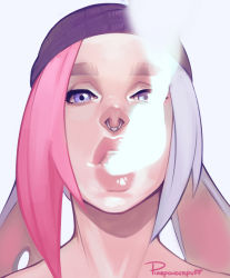  1girl animal_ears beanie forehead hat highres lips mouse_ears multicolored_hair nose_piercing nose_ring one_eye_covered original parted_lips piercing pink_hair pixiepowderpuff portrait purple_eyes purple_headwear rabbit_ears rex_(pixiepowderpuff) silver_hair smoke smoking solo split-color_hair thick_eyebrows two-tone_hair  rating:Sensitive score:10 user:danbooru