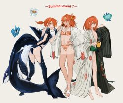  3girls alternate_costume alternate_hairstyle ass ass_cutout bare_legs barefoot bikini black_kimono blue_bodysuit blue_gloves bodysuit borrowed_clothes bracelet breasts brown_background cetacean_tail chaldea_logo cleavage closed_mouth clothing_cutout cup dorsal_fin drink eating english_text eyewear_on_head fate/grand_order fate_(series) fins fish_tail floral_print flower food from_behind fujimaru_ritsuka_(female) fujimaru_ritsuka_(female)_(brilliant_summer) full_body gloves green_sash hair_between_eyes hair_bun hair_down hair_ornament hair_scrunchie hand_on_own_hip hand_on_own_neck hand_up highres holding holding_cup holding_food holding_popsicle jacket japanese_clothes jewelry kimono long_sleeves looking_ahead looking_at_viewer looking_back medium_hair morning_glory_print mug multiple_girls multiple_persona nail_polish o-ring o-ring_bikini obi one_eye_closed open_clothes open_jacket open_kimono open_mouth orange-tinted_eyewear orange_bikini orange_eyes orange_hair orange_scrunchie orca_girl ponytail popsicle print_kimono sandals sash scar scrunchie shikigami shoe_flower short_ponytail short_sleeves side-tie_bikini_bottom side_slit simple_background single_side_bun standing striped_bikini striped_clothes striped_kimono sunglasses sweat swimsuit tail tan tanline teeth tinted_eyewear toeless_footwear toenail_polish toenails two-tone_kimono upper_teeth_only vertical-striped_clothes vertical-striped_kimono white_flower white_footwear white_jacket white_kimono white_nails wide_sleeves xubeichaoyansuan yukata 