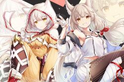  2girls animal_ears breasts camisole cat_ears chest_jewel cosplay costume_switch facial_mark gloves grey_hair highres hood hood_up jacket long_hair long_sleeves looking_at_viewer mio_(xenoblade) mio_(xenoblade)_(cosplay) mother_and_daughter multiple_girls nia_(blade)_(xenoblade) nia_(xenoblade) nia_(xenoblade)_(cosplay) pantyhose puffy_sleeves short_hair skirt small_breasts smile solo tank_top twintails ui_frara very_long_hair white_camisole white_jacket white_skirt white_tank_top xenoblade_chronicles_(series) xenoblade_chronicles_2 xenoblade_chronicles_3 yellow_eyes 