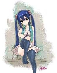 1girl blue_hair blue_thighhighs breasts brown_eyes child dress fairy_tail feet hair_ornament head_tilt knee_up long_hair looking_at_viewer mashima_hiro no_shoes official_art popped_collar shoulder_tattoo signature sitting skirt sleeveless sleeveless_dress small_breasts solo tattoo thighhighs twintails vest wendy_marvell white_dress wristband rating:Sensitive score:70 user:Locke831