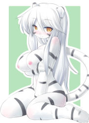  1girl animal_ears animal_hands animal_print barefoot blush breasts feet female_focus furry furry_female kourourin large_breasts long_hair nipples nude smile solo tail tiger_ears tiger_girl tiger_print tiger_stripes toes white_hair yellow_eyes  rating:Questionable score:67 user:InnocentSuccubus