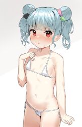  1girl :o arm_at_side armpit_crease bikini black_bow blue_hair blunt_bangs blush bow breasts collarbone cowboy_shot double_bun embarrassed green_bow grey_background hair_bow hair_bun hand_on_own_chest highres hyodou_shizuku idoly_pride light_blue_hair loli looking_at_viewer micro_bikini nose_blush open_mouth pink_bow red_eyes short_hair side-tie_bikini_bottom sidelocks small_breasts solo swimsuit tesa_otaku twintails two-tone_bow white_background white_bikini white_bow 