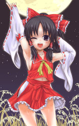 1girl ;d armpits arms_up asanagi bow breasts detached_sleeves fangs female_focus full_moon hair_bow hair_tubes hakurei_reimu japanese_clothes midriff miko moon navel one_eye_closed open_mouth sideboob small_breasts smile solo standing touhou rating:Sensitive score:24 user:danbooru