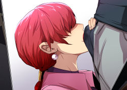 1girl bulge earrings erection erection_under_clothes fellatio fellatio_over_clothes from_side gradient_background greco_roman_(spiral_brain) hair_over_eyes highres jewelry lipstick long_hair makeup oral out_of_frame penis red_hair red_lips shermie_(kof) simple_background snk solo_focus standing stud_earrings the_king_of_fighters upper_body rating:Explicit score:140 user:Ynyswydryn