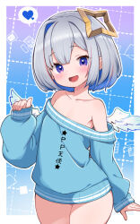  1girl :d amane_kanata angel angel_wings bare_shoulders blue_hair collarbone colored_inner_hair flat_chest grey_hair heart highres hololive kani_bonara looking_at_viewer multicolored_hair naked_sweater open_mouth purple_eyes short_hair sleeves_past_wrists smile solo spoken_heart sweater thighs virtual_youtuber wings  rating:Sensitive score:7 user:danbooru