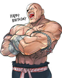  1boy abs bald commentary_request crossed_arms double_chin eyepatch hand_wraps happy_birthday headband highres laughing male_focus mongkhon muscular no_pupils open_mouth sagat scar topless_male solo street_fighter tetsu_(kimuchi) white_background 