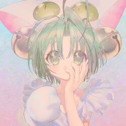  1girl absurdres animal_hands animal_hat antenna_hair arm_up bell blush cat_hat dejiko di_gi_charat dress frilled_sleeves frills gloves green_eyes green_hair hair_bell hair_ornament hand_on_own_face hand_up hat highres jingle_bell looking_at_viewer multicolored_background no_mouth parted_bangs paw_gloves seveneightdu short_hair single_glove solo upper_body white_dress white_gloves white_hat 