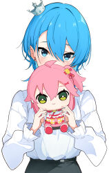  1girl alternate_costume blue_eyes blue_hair character_doll commentary_request covered_mouth crown doll fumo_(doll) hair_between_eyes hair_intakes haseneko highres holding holding_doll hololive hoshimachi_suisei long_sleeves looking_at_viewer medium_hair mini_crown sakura_miko shirt simple_background solo star_(symbol) star_in_eye straight-on symbol_in_eye upper_body virtual_youtuber white_background white_shirt 