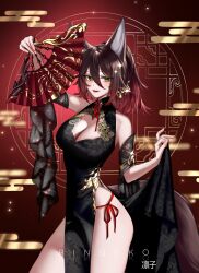  1girl absurdres animal_ears bare_shoulders black_dress black_hair breasts china_dress chinese_clothes cleavage cleavage_cutout clothing_cutout dress fox_ears fox_girl fox_tail green_eyes hair_between_eyes hand_fan highres holding holding_fan honkai:_star_rail honkai_(series) long_hair looking_at_viewer medium_breasts paper_fan parted_lips ponytail ringeko-chan smile solo tail thighs tingyun_(honkai:_star_rail)  rating:General score:7 user:Kaorinite