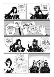  5girls abyssal_pacific_princess abyssal_ship comic commentary commission crossover demon_horns dreamer_(girls&#039;_frontline) english_commentary english_text evil_grin evil_smile girls&#039;_frontline gothic_lolita grin highres horns intruder_(girls&#039;_frontline) iowa_(kancolle) isolated_island_oni kantai_collection laughing lolita_fashion monochrome multiple_girls photo_(object) reizo_ne sangvis_ferri smile trait_connection 