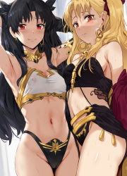 2girls armlet armpits arms_behind_head bare_shoulders bikini black_bikini black_hair blonde_hair blush breasts closed_mouth detached_sleeves earrings ereshkigal_(fate) fate/grand_order fate_(series) female_focus frown gold_trim hair_ribbon hews highleg highleg_bikini highres hoop_earrings ishtar_(fate) jewelry long_hair looking_at_viewer medium_breasts midriff mismatched_bikini multiple_girls navel neck_ring orange_eyes parted_bangs red_eyes ribbon shawl siblings single_detached_sleeve single_thighhigh sisters skindentation skull smile spine stomach sweat swimsuit tears thighhighs thighs tiara two_side_up rating:Sensitive score:266 user:danbooru