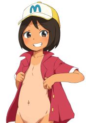 10s 1girl blush brown_eyes brown_hair bubukka clenched_teeth duplicate flat_chest groin hat loli naked_shirt navel one-piece_tan open_clothes open_shirt out-of-frame_censoring red_shirt shirt short_hair short_sleeves simple_background smile solo tan tanline teeth white_background yamaguchi_mika youkai_watch rating:Questionable score:63 user:danbooru