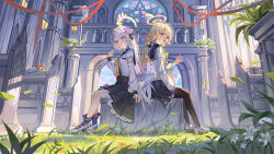 2girls :d al_guang azusa_(blue_archive) black_pantyhose black_sailor_collar black_skirt black_socks blonde_hair blue_archive bow bowtie church commentary_request crossed_bangs feathered_wings flower frilled_skirt frills from_side full_body grass grey_eyes hair_flower hair_ornament halo hifumi_(blue_archive) highres long_hair long_sleeves looking_at_viewer low_twintails low_wings multiple_girls neck_ribbon open_mouth pantyhose pleated_skirt purple_flower ribbon sailor_collar shirt shoes sitting skirt smile sneakers socks stained_glass twintails waving white_footwear white_hair white_shirt white_wings wing_ornament wings yellow_bow yellow_bowtie yellow_eyes yellow_ribbon rating:General score:3 user:danbooru