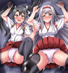  2girls absurdres black_thighhighs blush breasts brown_eyes commentary_request commission cowboy_shot grey_hair hair_ribbon hairband hakama hakama_short_skirt hakama_skirt highres japanese_clothes kantai_collection long_hair looking_at_viewer lying medium_breasts multiple_girls nose_blush one_eye_closed panties pixiv_commission pleated_skirt red_hairband red_hakama red_skirt ribbon shoukaku_(kancolle) skirt small_breasts tasuki thighhighs twintails underwear variant_set white_panties white_ribbon zanntetu zuikaku_(kancolle) 