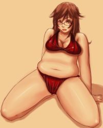  1girl belly bikini blush_stickers breasts brown_eyes brown_hair cleavage glasses kamisuki long_hair medium_breasts plump sitting solo swimsuit  rating:Questionable score:10 user:leejunne