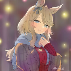  1girl animal_ears blonde_hair blue_eyes blurry blurry_background blush bokeh breasts brown_coat coat depth_of_field ear_ornament gold_city_(umamusume) hand_up horse_ears inutose jewelry long_hair necklace open_mouth red_sweater scarf sleeves_past_wrists small_breasts smile solo standing sweater twitter_username umamusume upper_body 