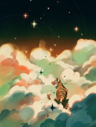 animal animal_focus closed_mouth cloud cloud_focus commentary english_commentary highres jauni_(tofublock) looking_up no_humans original sitting sky sky_focus sparkle star_(sky) starry_sky tiger rating:General score:1 user:danbooru