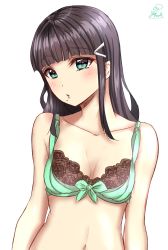  1girl :o absurdres bare_arms bare_shoulders black_hair blush bow bow_bra bra breasts cleavage collarbone green_bra green_eyes hair_tie highres kaya_(yoshina9) kurosawa_dia lace lace-trimmed_bra lace_trim long_hair looking_at_viewer love_live! love_live!_sunshine!! mole mole_under_mouth navel open_mouth sidelocks signature simple_background small_breasts solo underwear white_background |_| 