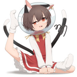 1girl :3 absurdres animal_ear_fluff animal_ears asakura_haru bow bowtie brown_hair cat_ears cat_girl cat_tail chen dress earrings gold_bowtie highres jewelry long_sleeves looking_at_self multiple_tails open_mouth pet_cone short_hair simple_background solo tail touhou white_background  rating:General score:5 user:danbooru