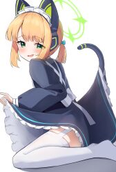  1girl animal_ear_headphones animal_ears black_dress blonde_hair blue_archive blush cat_tail diu1 dress fake_animal_ears frilled_dress frills garter_straps green_eyes green_halo halo headphones highres long_sleeves maid maid_headdress midori_(blue_archive) midori_(maid)_(blue_archive) no_shoes official_alternate_costume open_mouth puffy_long_sleeves puffy_sleeves short_hair simple_background smile solo tail thighhighs white_background white_thighhighs 