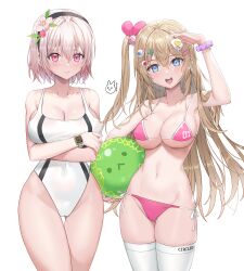  2girls arm_up armpits ball bare_shoulders beachball bikini blonde_hair blue_eyes bracelet breast_hold breasts cleavage closed_mouth collarbone competition_swimsuit covered_erect_nipples covered_navel cowboy_shot embarrassed flower gluteal_fold hair_flower hair_ornament hairband hairclip heart heart-shaped_pupils highleg highleg_swimsuit highres holding jaeyun jewelry large_breasts long_hair looking_at_viewer medium_breasts multi-strapped_bikini_top multiple_girls navel one-piece_swimsuit one_side_up open_mouth original pink_bikini pink_eyes scrunchie shading_eyes short_hair side-tie_bikini_bottom simple_background skindentation smile stomach strap_gap string_bikini swimsuit symbol-shaped_pupils thigh_gap thighhighs thighs very_long_hair white_background white_hair white_one-piece_swimsuit white_thighhighs wrist_scrunchie  rating:Sensitive score:22 user:danbooru
