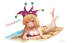 1girl alternate_costume barefoot beach bikini blonde_hair blush breasts character_name cleavage clownpiece commentary_request dobostorte hat highres jester_cap long_hair looking_at_viewer lying no_wings on_stomach polka_dot polka_dot_headwear purple_hat sand simple_background solo swimsuit touhou untied_bikini very_long_hair water white_background