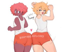 2boys :d ass ass-to-ass blonde_hair butt_bump charley_(ms_pigtails) comic commentary dark-skinned_male dark_skin employee_uniform english_commentary femboy_hooters_(meme) from_behind heart highres hooters male_focus meme multiple_boys open_mouth orange_shorts original pink_hair short_hair short_shorts shorts simple_background sky_guy_art smile sound_effects speech_bubble trap uniform very_dark_skin white_background rating:Sensitive score:143 user:mongirlfan