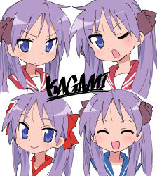  1girl blue_eyes blue_sailor_collar blush character_name closed_mouth commentary haaam highres hiiragi_kagami long_hair looking_at_viewer lucky_star one_eye_closed open_mouth purple_hair red_sailor_collar ryouou_school_uniform sailor_collar school_uniform serafuku simple_background smile twintails white_background 