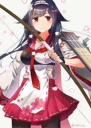  1girl absurdres black_gloves black_hair black_pantyhose blush bow_(weapon) breasts cherry_blossoms closed_mouth fingerless_gloves flight_deck floral_print gloves grey_background hair_flaps highres holding holding_weapon izumikuma japanese_clothes kantai_collection long_hair looking_at_viewer medium_breasts muneate neckerchief pantyhose petals purple_hair red_eyes red_neckerchief ryuuhou_(kancolle) ryuuhou_kai_ni_(kancolle) sailor_collar simple_background solo taigei_(kancolle) weapon wide_sleeves 