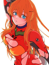  1girl :o arm_up artist_request blue_eyes blush bodysuit breasts brown_hair cleavage curvy evangelion:_3.0+1.0_thrice_upon_a_time feet_out_of_frame hair_between_eyes hair_down highres long_hair looking_at_viewer medium_breasts neon_genesis_evangelion night no_headgear pilot_suit plugsuit rebuild_of_evangelion red_bodysuit solo souryuu_asuka_langley thighs torn_bodysuit torn_clothes white_background wide_hips 
