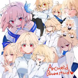  1girl :&lt; :d ^_^ ahoge animal_ears antenna_hair archetype_earth arcueid_brunestud artist_name blonde_hair blue_flower blush breasts cat_ears character_name citron80citron closed_eyes collared_shirt dress fate/grand_order fate_(series) flower glasses hair_between_eyes hair_flower hair_intakes hair_ornament hand_on_own_chin long_sleeves looking_at_viewer medium_breasts multiple_persona multiple_views open_mouth own_hands_together red_eyes round_eyewear shirt short_hair simple_background smile strapless strapless_dress sweater tsukihime turtleneck turtleneck_sweater white_background white_dress white_shirt white_sweater  rating:General score:8 user:danbooru