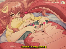  1girl :d areola_slip bed_sheet bluethebone breasts brown_eyes commentary english_commentary fang hair_between_eyes hair_ornament hairclip heart heart_hands lamia large_breasts long_hair looking_at_viewer lying miia_(monster_musume) miniskirt monster_girl monster_musume_no_iru_nichijou navel on_back open_mouth paid_reward_available panties plaid plaid_skirt pointy_ears red_hair retro_artstyle skirt smile solo underwear  rating:Questionable score:134 user:danbooru