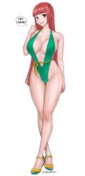 1girl absurdres blunt_bangs blunt_ends breasts brown_eyes crossed_legs dismaiden english_text full_body highres large_breasts long_hair open_mouth original red_hair sandals signature slingshot_swimsuit smile solo swimsuit rating:Sensitive score:46 user:danbooru