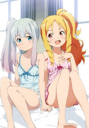  2girls :d absurdres alternate_hairstyle arms_at_sides asai_seiko backlighting bare_legs barefoot blonde_hair blush breasts brown_eyes chemise closed_mouth cropped drill_hair drill_sidelocks eromanga_sensei gradient_hair hand_on_own_chest highres indoors izumi_sagiri long_hair multicolored_hair multiple_girls official_art open_mouth pink_hair pointy_ears ringlets scan side_ponytail sidelocks silver_hair sitting small_breasts smile strap_slip teeth underwear underwear_only upper_teeth_only yamada_elf  rating:Sensitive score:77 user:danbooru