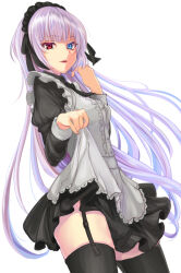  1girl apron black_bow black_bowtie black_dress black_thighhighs blue_eyes blue_hair bow bowtie breasts clothes_lift collared_shirt commentary_request cowboy_shot dress dress_lift frilled_apron frills garter_straps grey_apron grey_hair hands_up heterochromia juliet_sleeves light_blue_hair light_smile long_hair long_sleeves looking_at_viewer luminous_valentine maid maid_apron maid_headdress parted_lips pleated_skirt puffy_sleeves red_eyes senri_tsukuyomi shirt simple_background skindentation skirt small_breasts solo tensei_shitara_slime_datta_ken thighhighs white_background wing_collar 