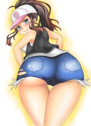 10s 1girl adahcm alternate_color ass bare_shoulders baseball_cap blue_eyes blush breasts brown_hair creatures_(company) denim denim_shorts female_focus from_behind game_freak hat highres hilda_(pokemon) huge_ass long_hair looking_at_viewer looking_back nintendo pokemon pokemon_bw ponytail shiny_clothes shiny_skin short_shorts shorts sideboob skindentation smile solo thigh_gap thighs vest rating:Questionable score:72 user:armorcrystal