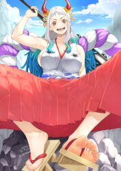  1girl absurdres aqua_hair arm_up armpits blue_hair blush breasts cleavage club_(weapon) dorsiflexion earrings feet forehead foreshortening geta gradient_hair grey_hair hakama hakama_skirt highres holding horns japanese_clothes jewelry kimono large_breasts long_hair mbr90munouk multicolored_hair multicolored_horns one_piece open_mouth orange_eyes orange_horns outdoors parted_bangs red_hakama red_horns sandals shadow sideless_outfit signature sitting skirt sleeveless sleeveless_kimono solo toenails toes twitter_username upper_body weapon white_hair yamato_(one_piece) yellow_horns  rating:Sensitive score:47 user:danbooru