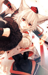  1girl animal_ear_fluff animal_ears artist_name detached_sleeves hat highres holding holding_weapon inubashiri_momiji looking_at_viewer red_eyes red_hat short_hair solo soukou_(artist) tokin_hat touhou upper_body weapon white_background white_hair wolf_ears wolf_girl  rating:General score:1 user:danbooru