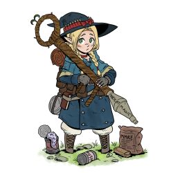  1girl ammunition backpack bag bandolier bedroll belt blonde_hair boots can choker dungeon_meshi elf field_ration fingerless_gloves gloves green_eyes hat highres holding holding_staff kabewski long_hair looking_at_viewer marcille_donato notebook pointy_ears pouch robe rocket_launcher rpg_(weapon) solo staff tentacles weapon white_background witch_hat 