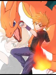  1boy black_footwear blue_oak charizard closed_mouth commentary_request creatures_(company) fire flame-tipped_tail game_freak gen_1_pokemon highres holding holding_poke_ball m12ki male_focus nintendo orange_hair outstretched_arm pants poke_ball poke_ball_(basic) pokemon pokemon_(creature) pokemon_frlg shirt shoes short_hair short_sleeves spiked_hair white_background wristband zoom_layer 