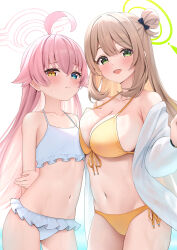  2girls :d absurdres ahoge bikini black_bow blue_archive blue_eyes blush bow breast_press breasts brown_hair closed_mouth collarbone commentary_request flat_chest frilled_bikini frills green_eyes green_halo hair_bow halo halterneck heterochromia highres hoshino_(blue_archive) hoshino_(swimsuit)_(blue_archive) large_breasts long_hair looking_at_viewer multiple_girls navel nonomi_(blue_archive) nonomi_(swimsuit)_(blue_archive) official_alternate_costume open_mouth pink_hair rei_(ilust9999) revision side-tie_bikini_bottom smile standing string_bikini swimsuit thighs white_bikini white_halo yellow_bikini yellow_eyes  rating:Sensitive score:27 user:danbooru
