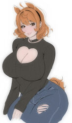  1girl animal_ears blush breasts brown_eyes choker cleavage clothing_cutout earrings heart_cutout indie_virtual_youtuber jewelry large_breasts lips looking_at_viewer lucahjin lucahjin_(character) mature_female necklace orange_hair solo sweater tail thick_thighs thighs virtual_youtuber white_background  rating:Questionable score:18 user:Monster_Girl_Lover