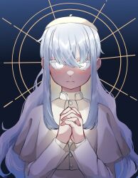  1girl blush buttons closed_mouth commentary_request dress frown hat highres interlocked_fingers kuroussa long_hair long_sleeves looking_at_viewer original own_hands_together pope solo vatican_(kuroussa) white_dress white_eyes white_hair white_hat 