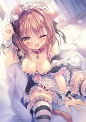 1girl :d ahoge animal_collar animal_ears apron areola_slip bed bed_sheet bell black_ribbon black_thighhighs blanket blush braid breasts brown_hair cat_ears cat_girl cat_tail cleavage collar collarbone curtains dress frilled_apron frilled_cuffs frilled_dress frilled_sleeves frilled_thighhighs frills from_above hair_intakes hand_up highres indoors jingle_bell light_brown_hair looking_at_viewer maid maid_headdress medium_breasts medium_hair neck_bell off_shoulder on_bed one_eye_closed open_mouth original pillow pink_ribbon raised_eyebrows red_collar ribbon ribbon-trimmed_thighhighs ribbon_trim rubi-sama short_sleeves side_braid sitting smile solo striped_clothes striped_thighhighs sunlight tail thighhighs under_covers wariza white_apron white_thighhighs window yellow_eyes 