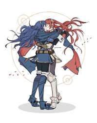  2girls blue_hair brown_gloves closed_eyes commentary commission couple detached_sleeves english_commentary falling_leaves fingerless_gloves fire_emblem fire_emblem_awakening from_above gloves hairband hug kiss leaf long_hair looking_at_another lucina_(fire_emblem) lying multiple_girls nintendo on_side red_hair severa_(fire_emblem) simple_background standing thighhighs tiara twintails very_long_hair white_background yuri yuroran  rating:Questionable score:21 user:Dynatre