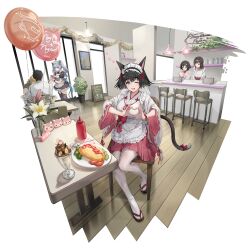  3boys 3girls animal_ears animal_hands apron balloon bar_stool black_hair black_thighhighs blush bow bright_pupils broccoli brown_hair cat_ears cat_tail chandelier crossover cucumber cucumber_slice fake_animal_ears fake_tail flower food frilled_apron frilled_hairband frills geta girls&#039;_frontline_neural_cloud gloves green_eyes grey_hair hair_ornament hairband hakama hakama_skirt hashida_itaru heart heart_hands highres holding holding_notepad ice_cream indoors japanese_clothes ketchup_bottle kimie_(neural_cloud) knees_to_chest kosode lab_coat long_hair looking_at_another looking_at_viewer maid maid_apron maid_cafe maid_headdress miko multiple_boys multiple_girls notepad official_art okabe_rintarou omelet omurice one_eye_closed paw_gloves paw_print plant potted_plant red_bow red_eyes red_hakama shiina_mayuri short_hair skirt spoon steins;gate stool tail tail_bow tail_ornament thighhighs third-party_source tomato tomato_slice transparent_background trap twintails undine_(neural_cloud) urushibara_ruka wa_maid white_apron white_headdress white_thighhighs wide_sleeves wooden_floor 