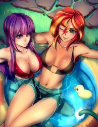 2girls bakki bikini black_bikini blonde_hair blush breasts cleavage green_eyes hair_between_eyes large_breasts long_hair looking_at_viewer multicolored_hair multiple_girls my_little_pony my_little_pony:_friendship_is_magic one_eye_closed personification purple_eyes purple_hair red_bikini red_hair rubber_duck sitting sitting_on_lap sitting_on_person smile sunset_shimmer swimsuit twilight_sparkle two-tone_hair wading_pool wet wide_hips rating:Sensitive score:68 user:danbooru