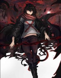  black_footwear black_hair black_jacket boots city demon demon_tail highres horns i&#039;m_the_grim_reaper jacket long_sleeves red_eyes red_scarf scarf scarlet_(i&#039;m_the_grim_reaper) shirt short_hair stomach tail white_shirt  rating:Sensitive score:2 user:FedExBex