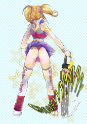  1girl ass back blonde_hair breasts chainsaw cheerleader clothes_writing crop_top grasshopper_manufacture juliet_starling leg_warmers lollipop_chainsaw long_hair midriff miniskirt pixiv_thumbnail resized skirt solo star thighhighs thong toc twintails white_legwear wind wind_lift wristband  rating:Questionable score:13 user:jojosstand